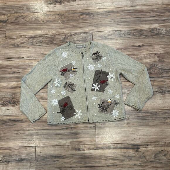 Croft & Barrow Sweater Medium Petite Silk Blend  Zip Bird Christmas Embroidered - Picture 1 of 11